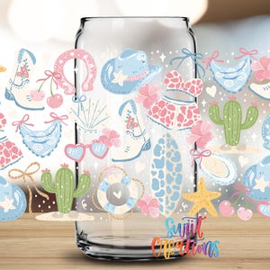 a glass jar filled with various colorful and whimsical illustrations, including a star, cowboy hat, cactus, and other playful objects.