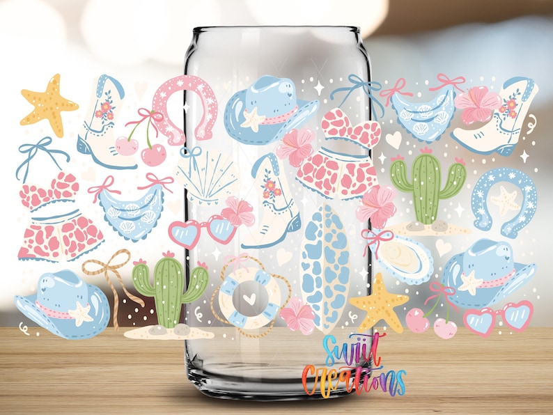a glass jar filled with various colorful and whimsical illustrations, including a star, cowboy hat, cactus, and other playful objects.
