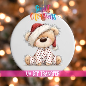 Christmas Pajama Teddy Bear Ornament UV DTF Transfer | Cozy Bear in Red Star Sleepwear | O-2173