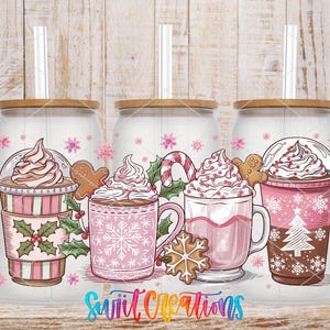 A collection of three colorful coffee mugs with various drinks, including hot chocolate, iced coffee, and hot chocolate with whipped cream, along with snowflakes and gingerbread cookies.