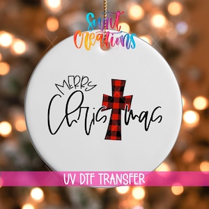 Buffalo Plaid Cross Christmas UV DTF Ornament Decal | Religious Holiday Transfer for Ceramic Ornaments | O-1688