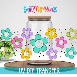 Happy Face Flower Uv Dtf | 16oz Libbey Glass Cup Tumbler Wrap | Floral Inspirational Libby Wrap | Coffee Mug Transfer | DTF042