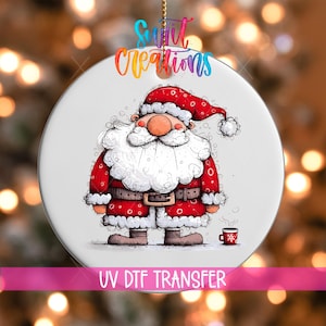 Décoration de Noël avec Père Noël et chocolat chaud (transfert UV DTF) | Décoration chaleureuse pour cadeaux et décorations de Noël à faire soi-même | Père Noël mignon, sans chaleur | O-1322