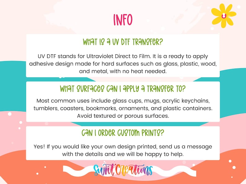 text and graphics related to UVDF transfers and custom prints.