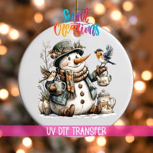 Snowman With Birds And Teapot Christmas Ornament UV DTF Transfer Winter Holiday Decor | O-1892
