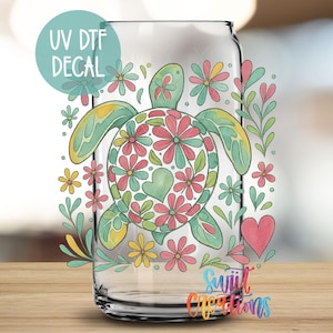 Sea Turtle UV DTF Decal | Floral Coffee Mug Transfer | Tropical Beach | Sea Life Coastal Wrap | Cute Ocean Animal Design for Cups | UV1477