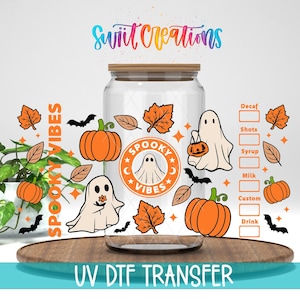 Spooky Vibes Tumbler Wrap | Halloween UV DTF Decal with Ghosts, Pumpkins and Bats | Fall Coffee Cup Sticker Design | DTF270