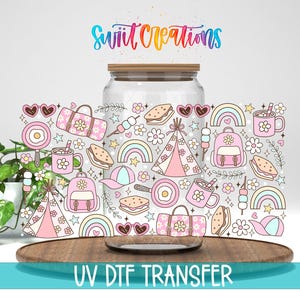 Girly Camping Tumbler Wrap | S'mores and Rainbows UV DTF Decal | Tent, Mug and Pastel Outdoor Cup Sticker Design | DTF264