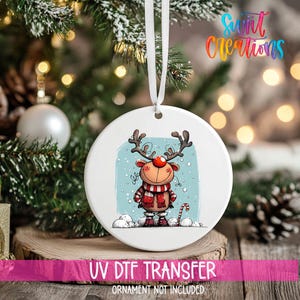 Reindeer Christmas UV DTF Ornament Decal | Cute Red Nose Winter Wrap | Christmas Candy Cane UVDTF Decal | Holiday Ornament Transfer | O-1257