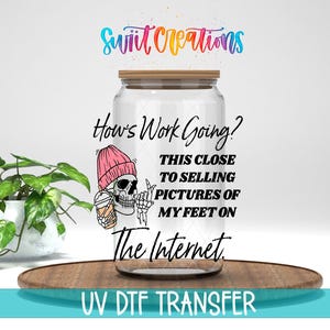 The image is a digital illustration featuring a skeleton wearing a pink beanie, holding a drink, and posing in front of a jar with a question about selling pictures of one's feet on the internet.