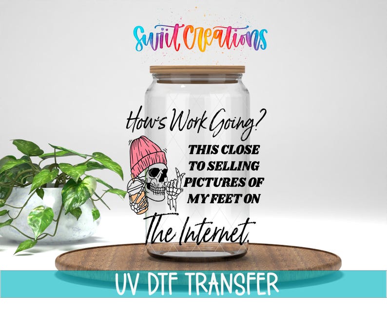 The image is a digital illustration featuring a skeleton wearing a pink beanie, holding a drink, and posing in front of a jar with a question about selling pictures of one's feet on the internet.