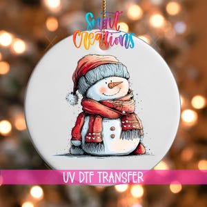 Snowman Christmas UV DTF Ornament Decal | Cozy Red Scarf Winter Wrap | Cute Snowman UVDTF Decal | Holiday Ornament Transfer | O-1296