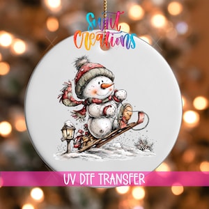 Christmas Snowman UV DTF Ornament Transfer | Whimsical Winter Snowman On Sled | O-1816