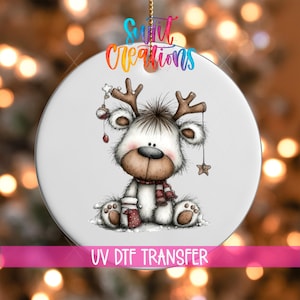 Whimsical Reindeer Christmas UV DTF Ornament Decal | Cute Holiday Animal With Ornaments On Antlers Transfer | O-1756