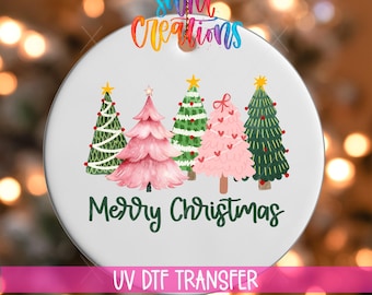 Fröhliche Weihnachten! UV-DTF-Aufkleber für Christbaumschmuck | Rosa Weihnachtsbaumfolie | Festlicher UV-DTF-Aufkleber | Niedlicher Ornament-Transfer | O-1213