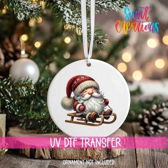 Santa Christmas UV DTF Ornament Decal | Sleigh Ride Gnome With Red