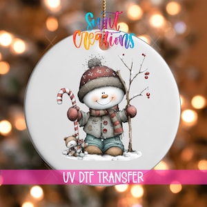 Whimsical Snowman With Candy Cane Christmas UV DTF Ornament Decal | Cute Holiday Transfer With Teddy Bear & Tree | O-1752
