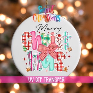 Colorful Merry Christmas UV DTF Ornament Decal | Patterned Holiday Bow UVDTF Transfer | Gingerbread Candy Tree Design | O-1680