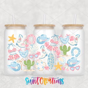 three glass tumblers with colorful illustrations of various objects, including a star, cactus, flowers, and other decorative elements, all set against a light background.