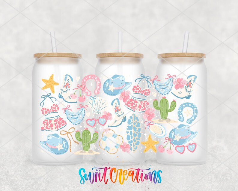 three glass tumblers with colorful illustrations of various objects, including a star, cactus, flowers, and other decorative elements, all set against a light background.
