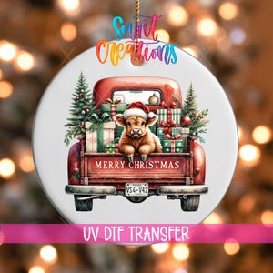 Highland Cow UV DTF Ornament Decal | Red Christmas Truck with Gifts and Tree | Merry Christmas Farm Animal Transfer | O-1736
