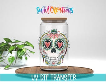 Calcomanía UV DTF con forma de calavera de azúcar y ojos de corazón para vasos / UV1740