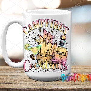 A white ceramic mug with a colorful design featuring a tequila bottle, cocktail glasses, and the text "CAMPFIRE COCKTAILS"