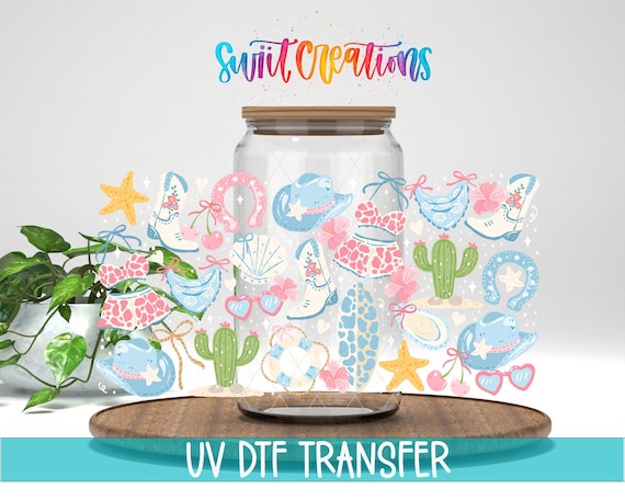 Pastel Beach Cowgirl Wrap | Bikini, Shells & Cactus Tumbler Decal | Starfish Hats and Western Cup Design | UV DTF Summer Sticker | DTF260