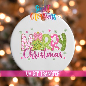 Merry Christmas Ornament UV DTF Decal | Pink Green Glitter Tree Wrap | Candy Cane Holiday UVDTF Decal | Cute Festive Transfer | O-1215