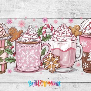 A festive arrangement of hot beverages, including iced coffee, hot chocolate, and a gingerbread man, surrounded by snowflakes and holiday decorations.
