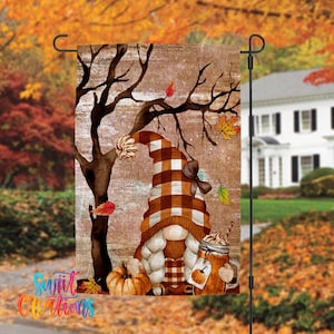 Pumpkin Spice Wichtel Gartenfahne | Fallen Yard Flagge | Herbst Outdoor Dekor | Rustikale Kürbis-Veranda-Flagge | Gemütliche Herbst Garten Dekoration | YF40
