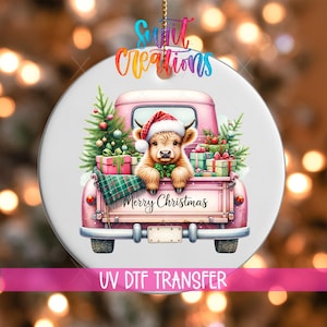 Highland Cow UV DTF Ornament Decal | Pink Christmas Truck with Tree and Gifts | Merry Christmas Farm Animal Transfer | O-1735