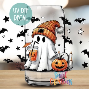 Ghost Halloween Uv Dtf | 16oz Libbey Glass Cup Tumbler Wrap | Pumpkin and Bats Libby Wrap | Spooky Uv Dtf Transfer | Mug Transfer | DTF011