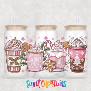 three colorful beverage cups with various festive decorations, including snowflakes, gingerbread men, and Christmas trees, all set against a white background.