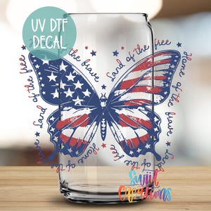 Vaterländischer Schmetterling UV DTF Aufkleber | Rot Weiß Blau Becher Aufkleber | Land der Freien Heimat der Tapferen Schalenverpackung | USA 4.Juli | UV1530