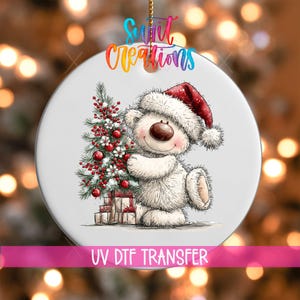 Christmas Tree Hug White Bear Ornament UV DTF Transfer | Santa Bear with Red Baubles and Berries | O-2181