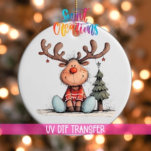 Reindeer Christmas UV DTF Ornament Decal | Cute Reindeer Winter Wrap | Sitting Reindeer UVDTF Decal | Holiday Ornament Transfer | O-1267