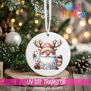 Santa with Antlers UV DTF Ornament Decal | Cozy Holiday Reindeer Hat Wrap | Cute Christmas UVDTF Decal | Festive Ornament Transfer | O-1123