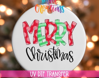 Fröhliche Weihnachten! UV-DTF-Aufkleber für Weihnachtsschmuck | Rot-grünes handgezeichnetes Weihnachtspapier | Niedlicher UV-DTF-Aufkleber | Festlicher Ornament-Transfer | O-1155
