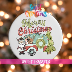 Merry Christmas UV DTF Ornament Decal | Plaid Santa & Reindeer Truck Wrap | Festive Holiday Transfer | O-1731