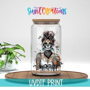 Mombie Mama Needs Caffeine Uv Dtf | 16oz Libbey Glass Cup Tumbler Wrap | Halloween Zombie Mom Wrap | Coffee Mug Transfer | UV1170
