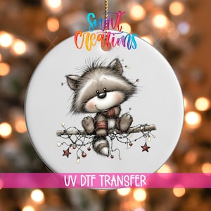 Raccoon With Lights Christmas UV DTF Ornament Decal | Cute Holiday Animal Transfer | O-1776