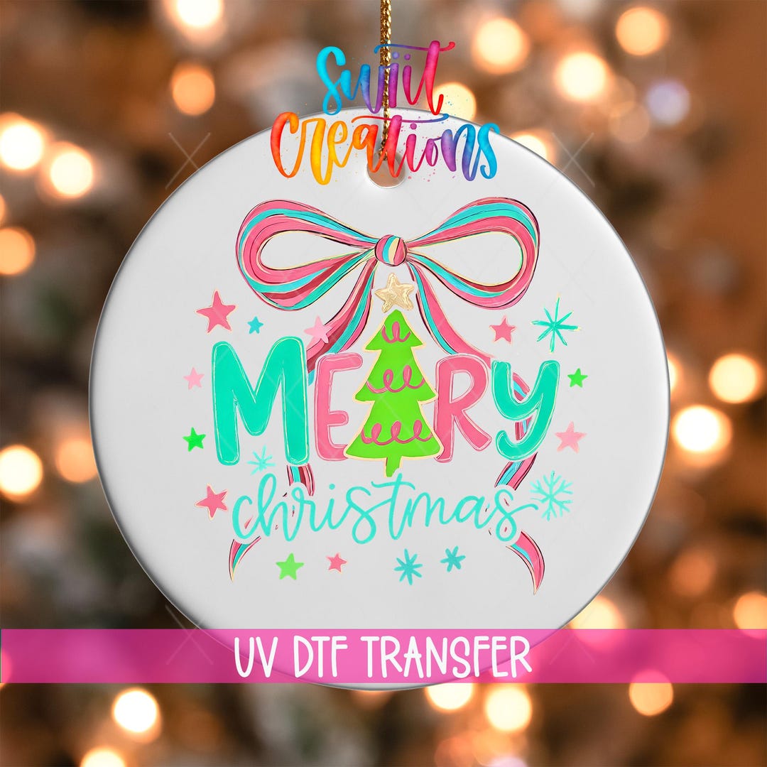 Merry Christmas UV DTF Ornament Decal | Pink Tree Bow Design | Cute ...