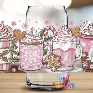 A collection of festive beverages and decorations, including hot chocolate, iced coffee, and gingerbread cookies, arranged on a wooden surface.