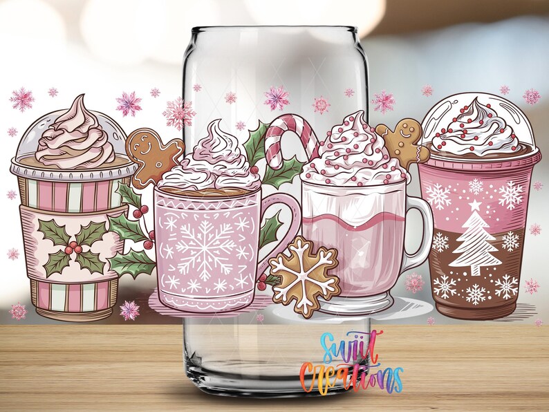A collection of festive beverages and decorations, including hot chocolate, iced coffee, and gingerbread cookies, arranged on a wooden surface.