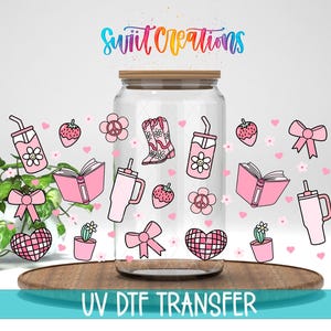 Girly Pink Bows Books Boots Strawberries Floral UV DTF Wrap | DTF259