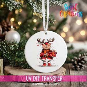 Reindeer Christmas UV DTF Ornament Decal | Santa Uv Dtf Wrap | Cute Holiday Reindeer UVDTF Decal | Winter Ornament Transfer | O-1255
