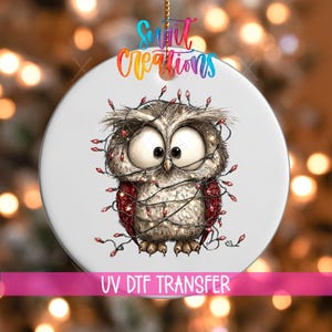 Woodland Owl Wrapped In Lights Christmas Ornament UV DTF Transfer Holiday Animal Winter Decor Gift | O-1877