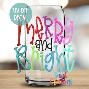Merry and Bright Christmas Uv Dtf | 16oz Libbey Glass Cup Tumbler Wrap | Festive Holiday Libbey Wrap | Coffee Mug Transfer | UV1140