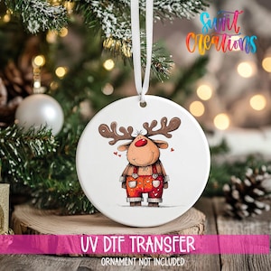 Reindeer Christmas UV DTF Ornament Decal | Red Nose Reindeer Uv Dtf Wrap | Cute Winter UVDTF Decal | Holiday Ornament Transfer | O-1260